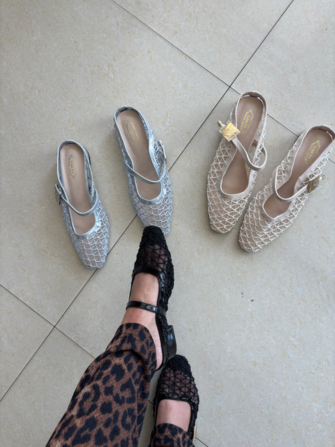 Lace Gauze Slip On Mules